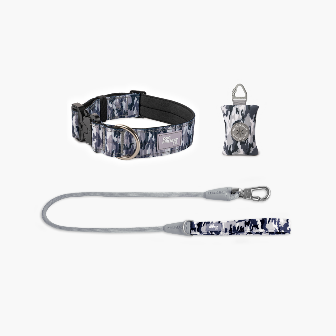 Halsband-Set für Spaziergänge - Grauer Tarnmuster